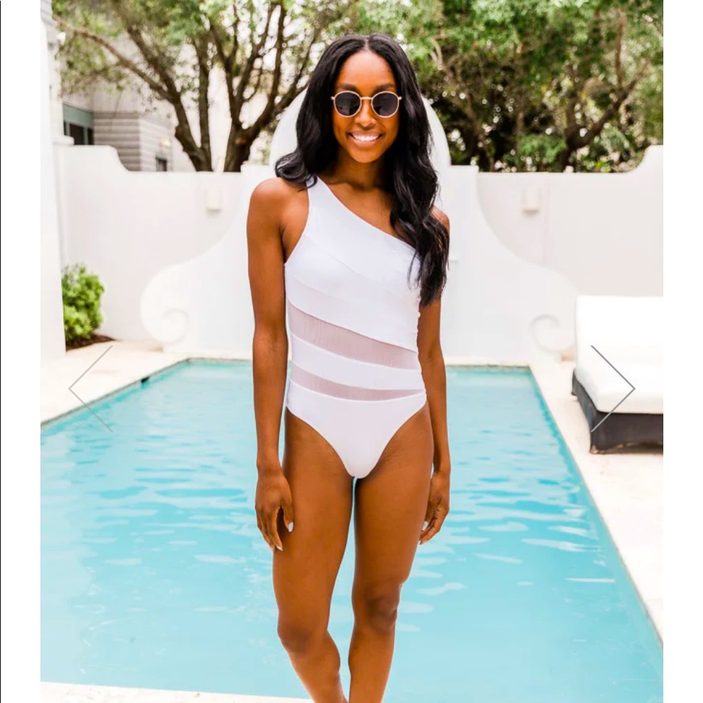 Pink Lily - White Asymmetrical Mesh Swim - Size XS